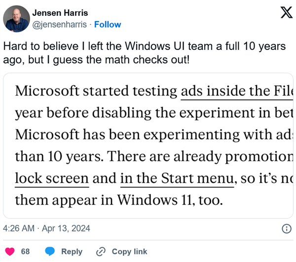 忍不了！微软前主管也吐槽Windows 11：太多广告，优化不行